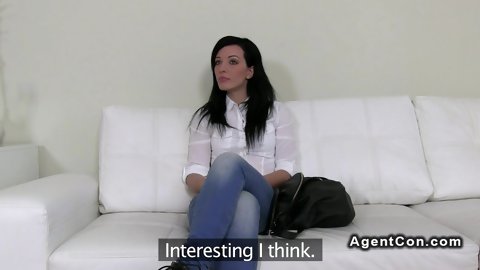 Beautiful Czech brunette amateur babe giving blowjob pov to fake agent after casting interview and fucking him on the couch till getting facial europe